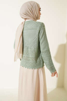 Çiçek Nakış Ajurlu Kısa Triko Hırka Mint - Hırka