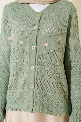 Çiçek Nakış Ajurlu Kısa Triko Hırka Mint - Hırka