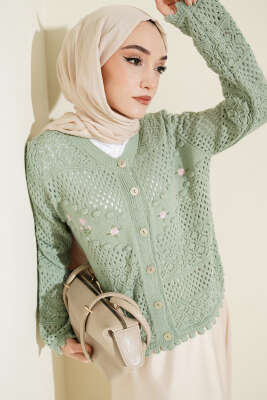 Çiçek Nakış Ajurlu Kısa Triko Hırka Mint - VANİZA TRİKO