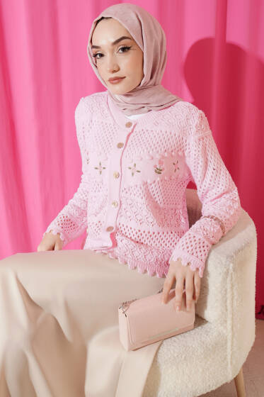 Çiçek Nakış Ajurlu Kısa Triko Hırka Pembe - Hırka