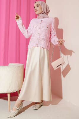 Çiçek Nakış Ajurlu Kısa Triko Hırka Pembe - Hırka