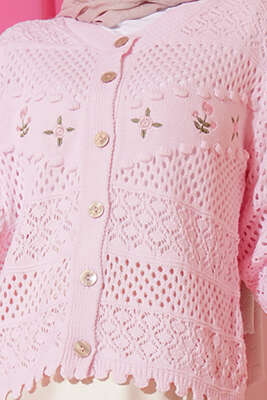 Çiçek Nakış Ajurlu Kısa Triko Hırka Pembe - Hırka