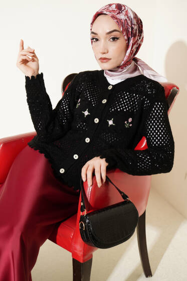 Çiçek Nakış Ajurlu Kısa Triko Hırka Siyah - Hırka