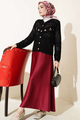 Çiçek Nakış Ajurlu Kısa Triko Hırka Siyah - Hırka