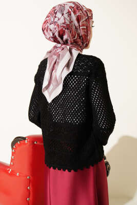 Çiçek Nakış Ajurlu Kısa Triko Hırka Siyah - Hırka