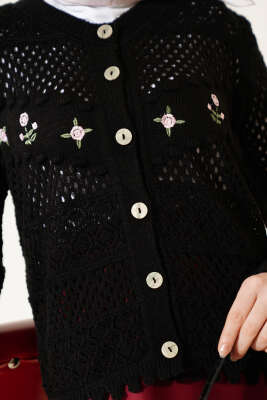 Çiçek Nakış Ajurlu Kısa Triko Hırka Siyah - Hırka