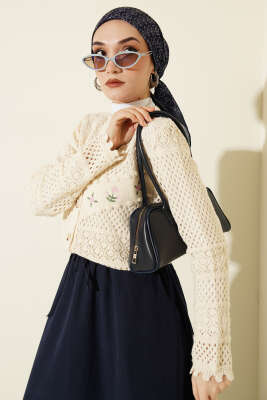 Çiçek Nakış Ajurlu Kısa Triko Hırka Taş - VANİZA TRİKO