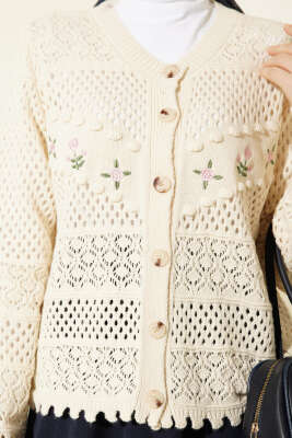 Çiçek Nakış Ajurlu Kısa Triko Hırka Taş - Hırka