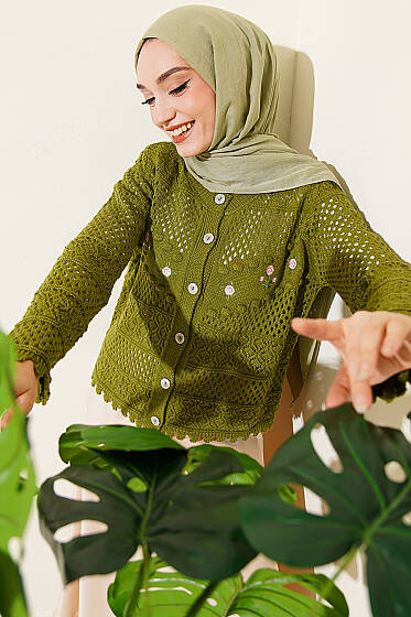 Çiçek Nakış Ajurlu Kısa Triko Hırka Yeşil - 300-500 TL Ürünler