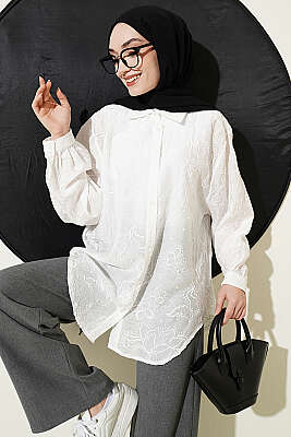 Çiçek Nakış Detaylı Gömlek Beyaz 