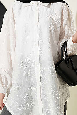 Çiçek Nakış Detaylı Gömlek Beyaz - Gömlek