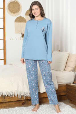 Çiçek Nakış Detaylı İnterlok Pijama Takımı Mavi - Pijama