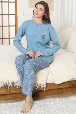 Çiçek Nakış Detaylı İnterlok Pijama Takımı Mavi - Pijama