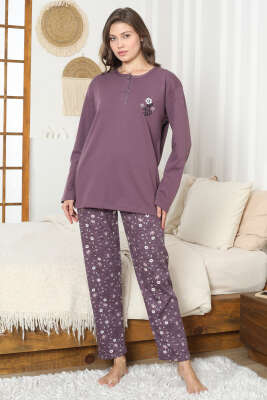 Çiçek Nakış Detaylı İnterlok Pijama Takımı Mürdüm 