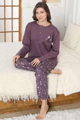 Çiçek Nakış Detaylı İnterlok Pijama Takımı Mürdüm - Pijama