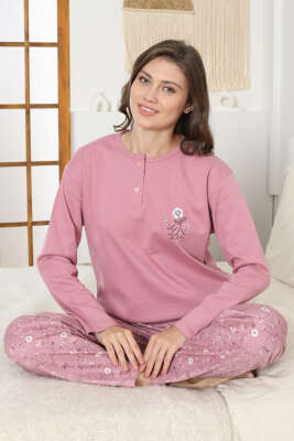 Çiçek Nakış Detaylı İnterlok Pijama Takımı Pudra 
