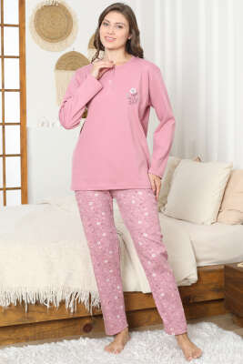 Çiçek Nakış Detaylı İnterlok Pijama Takımı Pudra - Pijama