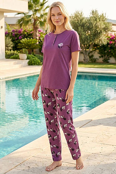 Çiçek Nakış Düğmeli Kısa Kol Pijama Takım Magenta - Pijama