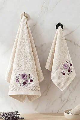 Çiçek Nakış İşlemeli Analı Kızlı Havlu Seti Ekru - MAHİR HAVLU