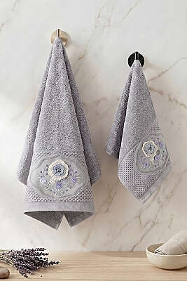 Çiçek Nakış İşlemeli Analı Kızlı Havlu Seti Gri - MAHİR HAVLU