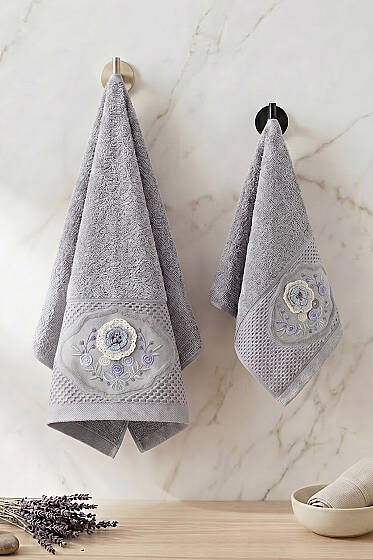 Çiçek Nakış İşlemeli Analı Kızlı Havlu Seti Gri - HAVLU TAKIMLARI