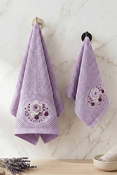 Çiçek Nakış İşlemeli Analı Kızlı Havlu Seti Lila - HAVLU TAKIMLARI