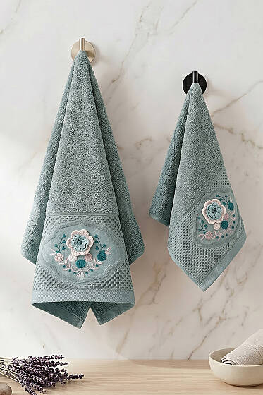 Çiçek Nakış İşlemeli Analı Kızlı Havlu Seti Mint - HAVLU TAKIMLARI