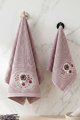 Çiçek Nakış İşlemeli Analı Kızlı Havlu Seti Mürdüm - MAHİR HAVLU