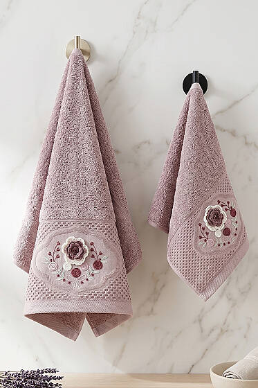 Çiçek Nakış İşlemeli Analı Kızlı Havlu Seti Mürdüm - HAVLU TAKIMLARI