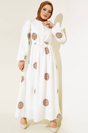 Çiçek Nakış İşlemeli Elbise Kahve - Tesettür Elbise