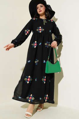 Çiçek Nakış İşlemeli Şifon Elbise Siyah - FASHİON FOX