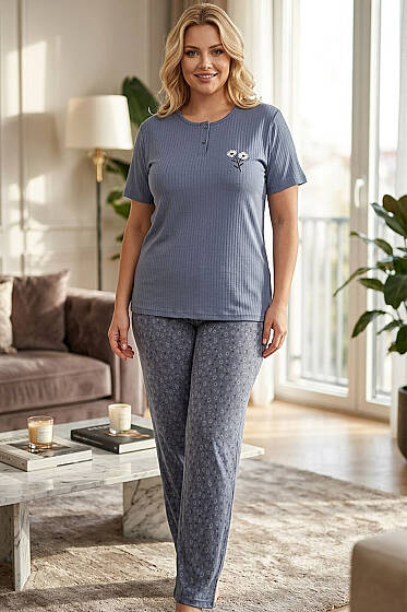 Çiçek Nakış Kısa Kol Büyük Beden Pijama Takımı Gri - Pijama