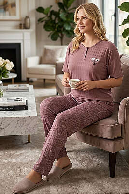 Çiçek Nakış Kısa Kol Büyük Beden Pijama Takımı Gül Kurusu 