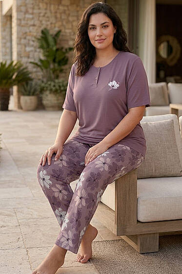 Çiçek Nakış Kısa Kol Büyük Beden Pijama Takımı Leylak - Pijama