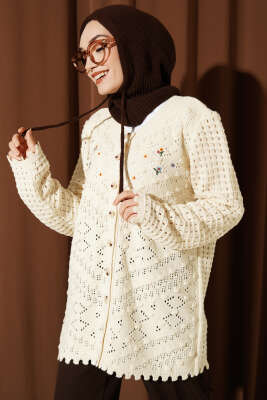 Çiçek Nakışlı Ajurlu Triko Hırka Bej - VANİZA TRİKO