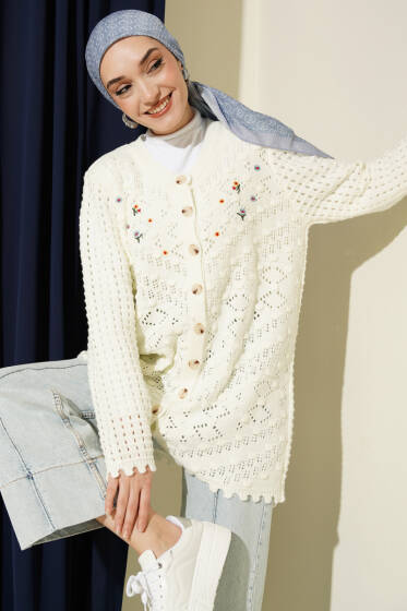 Çiçek Nakışlı Ajurlu Triko Hırka Ekru - Hırka