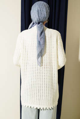 Çiçek Nakışlı Ajurlu Triko Hırka Ekru - Hırka