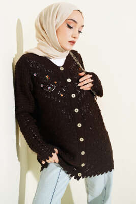 Çiçek Nakışlı Ajurlu Triko Hırka Kahve 