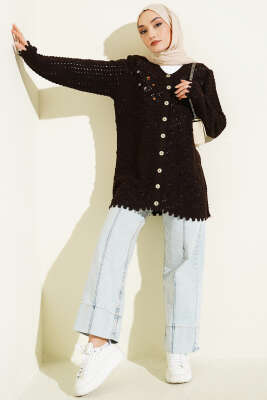 Çiçek Nakışlı Ajurlu Triko Hırka Kahve - Hırka