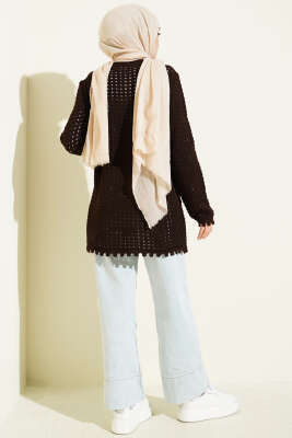 Çiçek Nakışlı Ajurlu Triko Hırka Kahve - Hırka