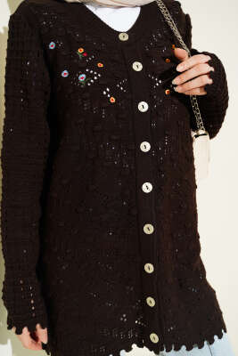 Çiçek Nakışlı Ajurlu Triko Hırka Kahve - Hırka