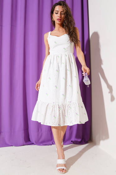 Çiçek Nakışlı Askılı Midi Elbise Lila - Kadın Giyim Modelleri