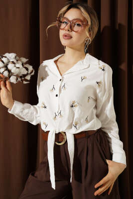 Çiçek Nakışlı Bağlamalı Crop Gömlek Ekru - Kadın Giyim Modelleri
