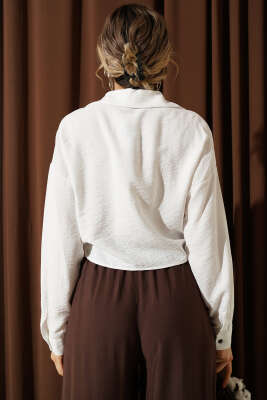 Çiçek Nakışlı Bağlamalı Crop Gömlek Ekru - Kadın Giyim Modelleri