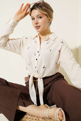 Çiçek Nakışlı Bağlamalı Crop Gömlek Krem - HELLIE