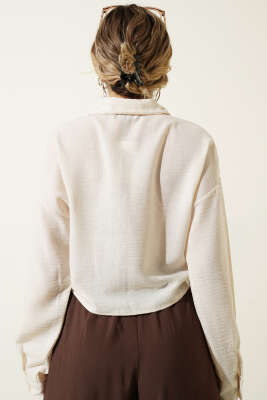 Çiçek Nakışlı Bağlamalı Crop Gömlek Krem - Kadın Giyim Modelleri