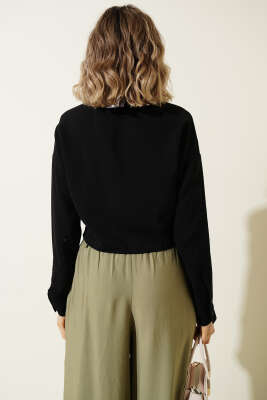 Çiçek Nakışlı Bağlamalı Crop Gömlek Siyah - Kadın Giyim Modelleri