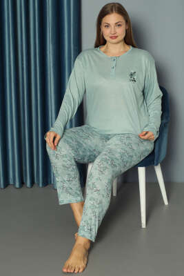 Çiçek Nakışlı Büyük Beden Pijama Takımı Mint - Pijama & Gecelik