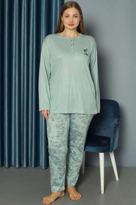 Çiçek Nakışlı Büyük Beden Pijama Takımı Mint - Pijama & Gecelik