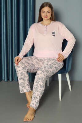 Çiçek Nakışlı Büyük Beden Pijama Takımı Pembe 